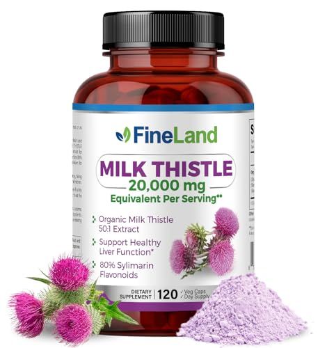 FineLand Milk Thistle 50:1 Silymarin Extract, 20,000 mg Equivalent per Capsule, Liver Cleanse &amp; Detox Support, Antioxidant Liver Health Supplement, 120 Vegan Capsules, Non-GMO, Natural