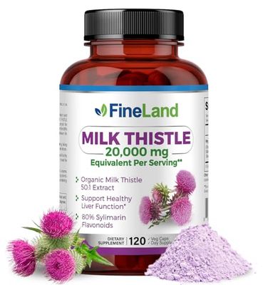 FineLand Milk Thistle 50:1 Silymarin Extract, 20,000 mg Equivalent per Capsule, Liver Cleanse &amp; Detox Support, Antioxidant Liver Health Supplement, 120 Vegan Capsules, Non-GMO, Natural