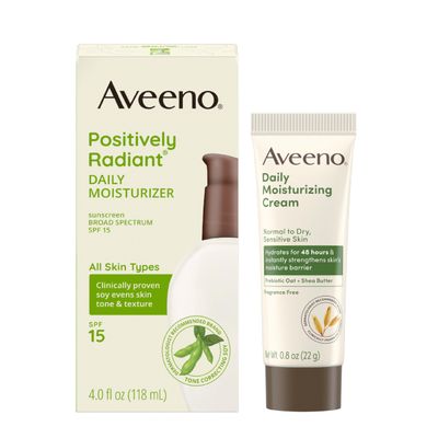 Aveeno Skincare Bundle, Positively Radiant Daily Facial Moisturizer with SPF 15 Sunscreen Soy, 4 fl. oz, &amp; Trial Size Daily Moisturizing Cream for Body, Face, &amp; Hands, 0.8 oz, Two Pack, 2 Items