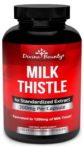 Divine Bounty Pure Milk Thistle Capsules Supplement - A Potent 1200mg Milk Thistle Supplement with 4X Concentrated Extract Standardized 120 Vegetarian Capsules