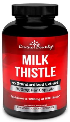 Divine Bounty Pure Milk Thistle Capsules Supplement - A Potent 1200mg Milk Thistle Supplement with 4X Concentrated Extract Standardized 120 Vegetarian Capsules