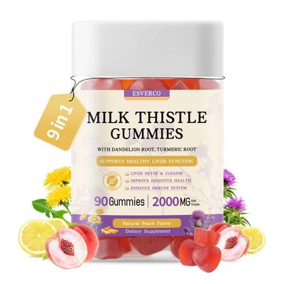 esverco Milk Thistle Gummies with 2000MG Extract, Liver Health Support Gummies, Silymarin Milk Thistle Supplement with Artichoke, Dandelion, Turmeric Curcumin, No Sugar, for Adults, Vegan, 90 Count