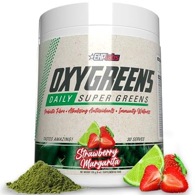 EHP Labs OxyGreens Super Greens Powder - Spirulina &amp; Chlorella Superfood, Green Juice Powder &amp; Greens Supplements with Prebiotic Fibre, Antioxidants &amp; Immunity Support, 30 Serves Strawb. Margarita