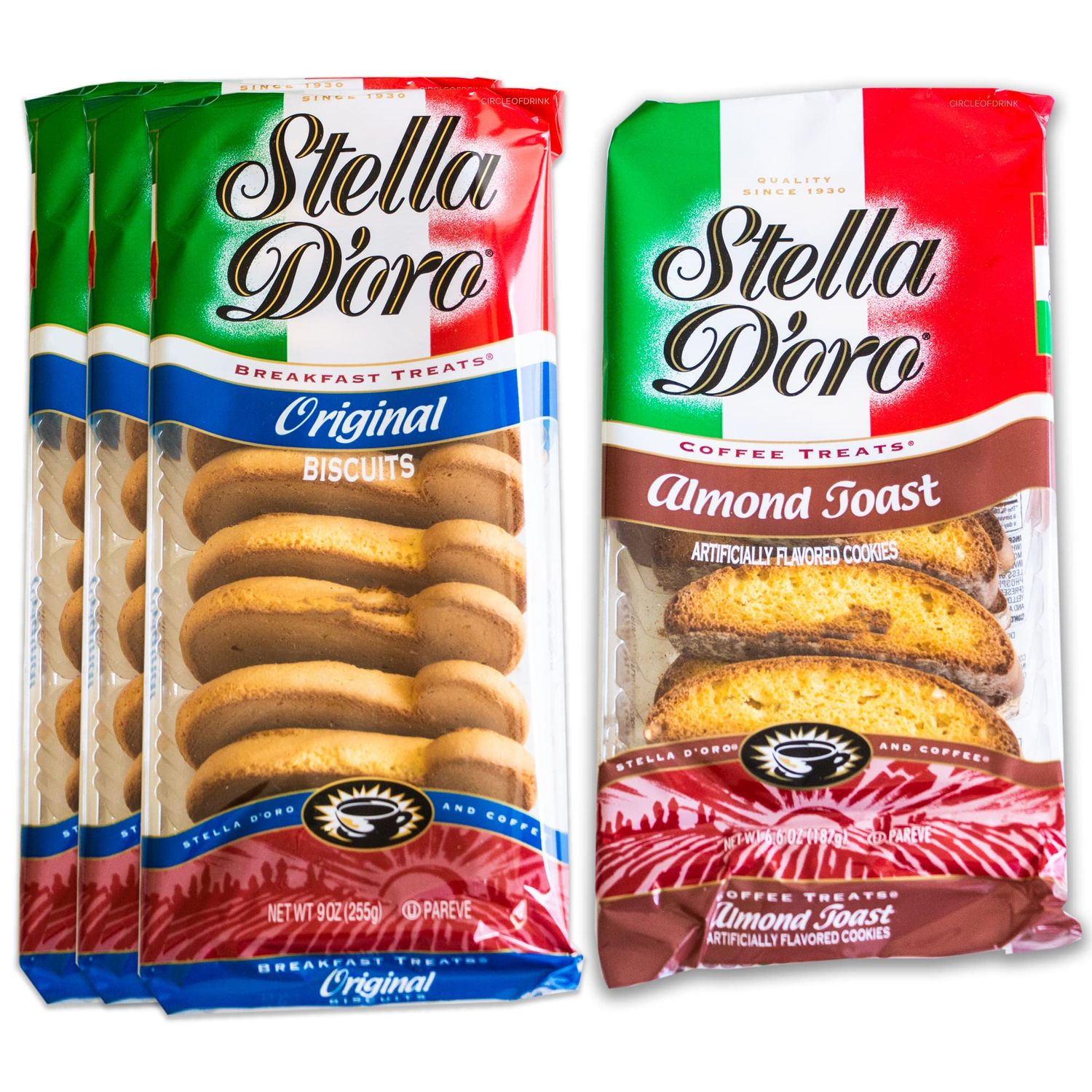 Stella D&#39;oro Original Biscuits Breakfast Treats 3, 9oz packs - Variety Pack - Almond Toast 1, 6.6oz pack - Gourmet Italian Treats - 4 Items Total