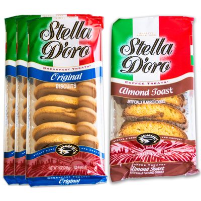 Stella D&#39;oro Original Biscuits Breakfast Treats 3, 9oz packs - Variety Pack - Almond Toast 1, 6.6oz pack - Gourmet Italian Treats - 4 Items Total