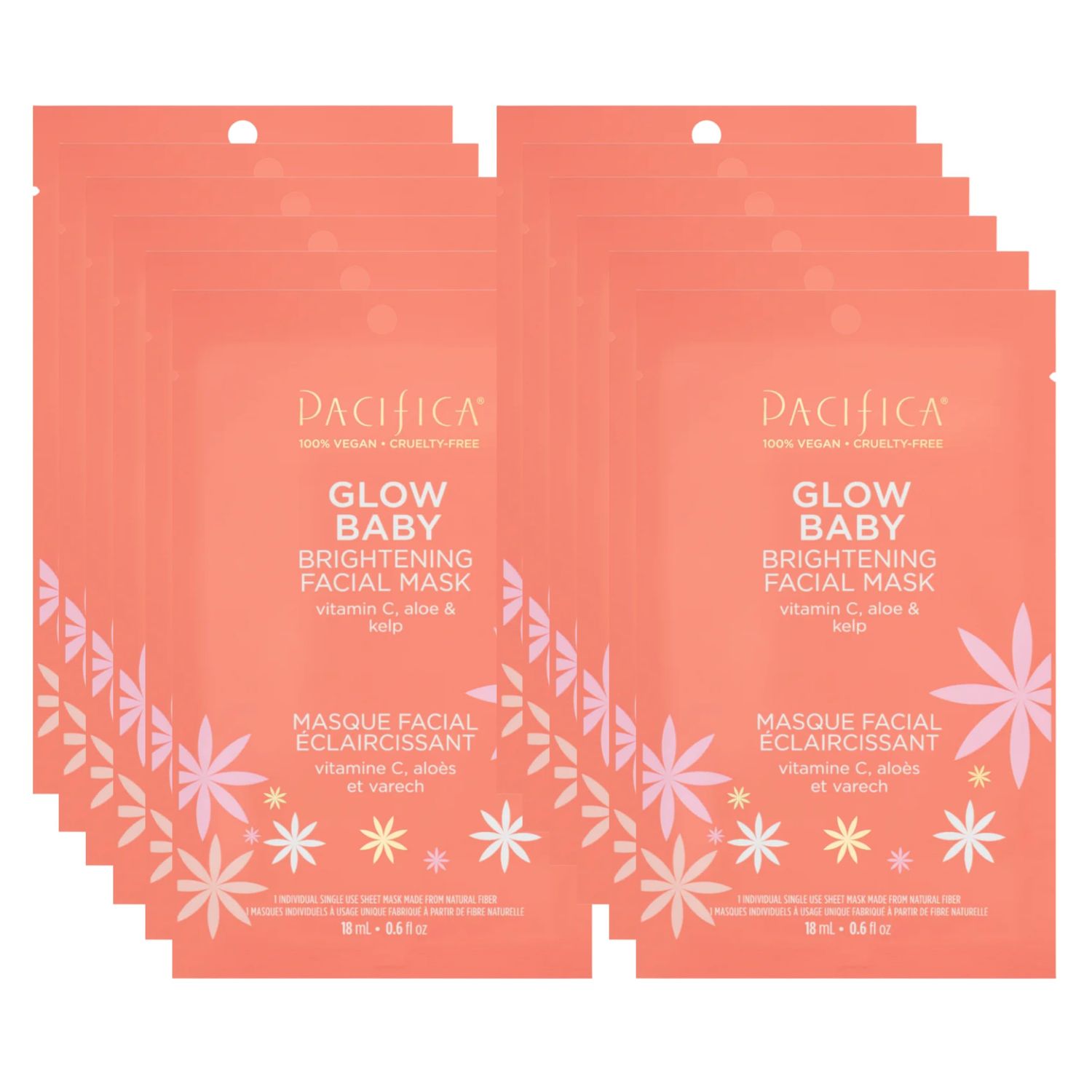 Pacifica Sheet Face Mask - 12 Pack - Glow Baby Brightening Facial Mask wVitamin C, Aloe &amp; Kelp - Cooling Mask for Dark Spots &amp; Fine Lines - Clean Beauty Vegan &amp; Cruelty-Free Dermatologist Tested