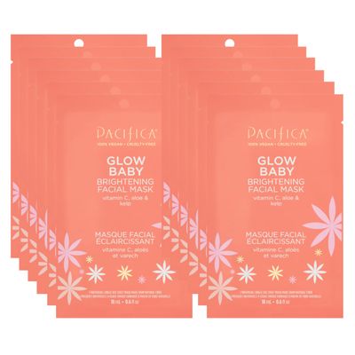 Pacifica Sheet Face Mask - 12 Pack - Glow Baby Brightening Facial Mask wVitamin C, Aloe &amp; Kelp - Cooling Mask for Dark Spots &amp; Fine Lines - Clean Beauty Vegan &amp; Cruelty-Free Dermatologist Tested