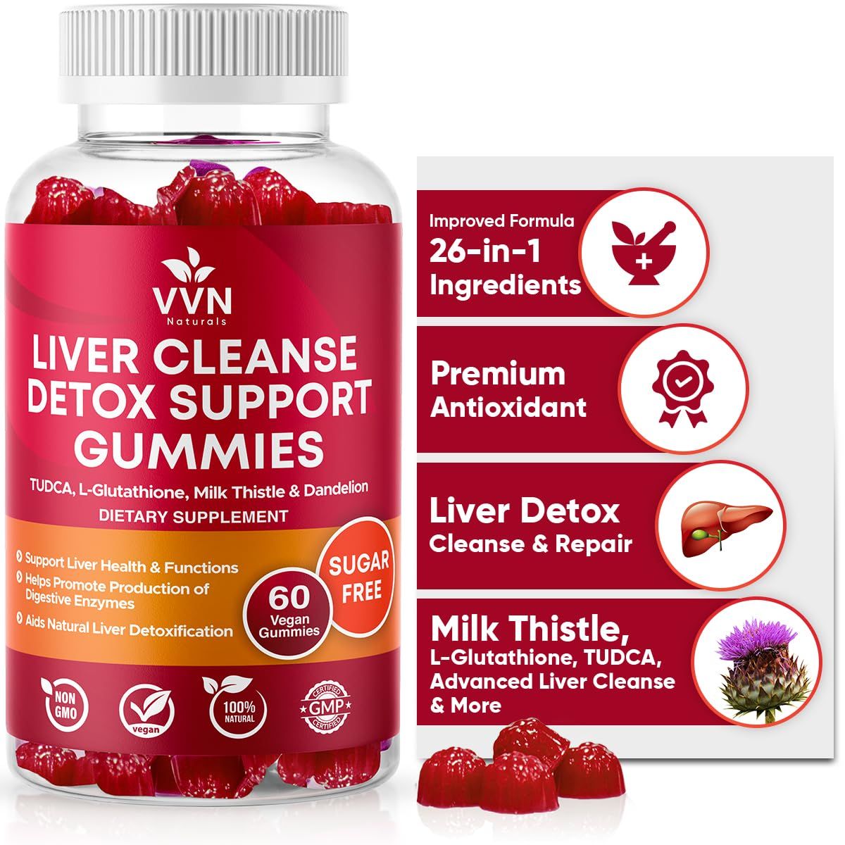 VVNaturals Sugar-Free 26-in-1 Liver Cleanse Detox &amp; Repair Fatty Liver Formula Gummies; 3000mg Blend of Glutathione, Silymarin Milk Thistle, Choline, TUDCA Liver Detox Gummies - 60 Vegan Ct