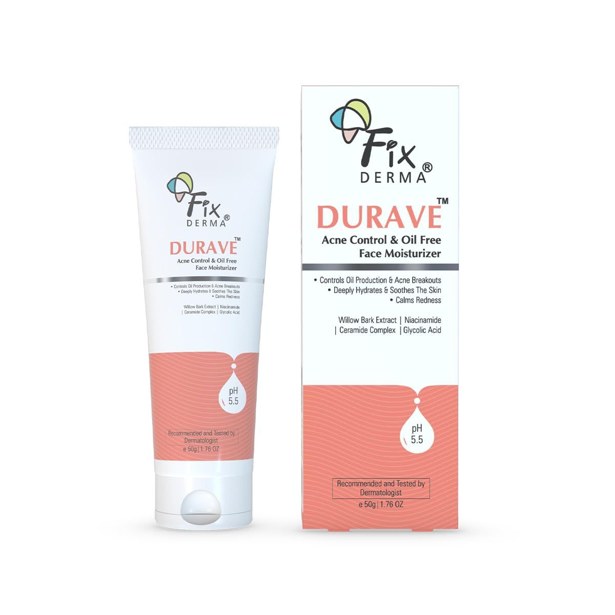 FIXDERMA Durave Acne Control &amp; Oil Free Moisturizer for Face with Glycolic Acid Niacinamide Moisturizer Acnemoist Moisturiser Moisturizer for Oily Skin Face Moisturizer for Women &amp; Men - 50gm