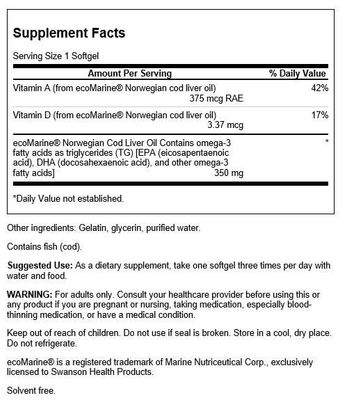 Swanson Cod Liver Oil - Wellness Supplement Promoting Bone, Skin Health, Vision Support &amp; Immune System Function wHigh Absorption Vitamin A - 180 Softgels, 350mg Each