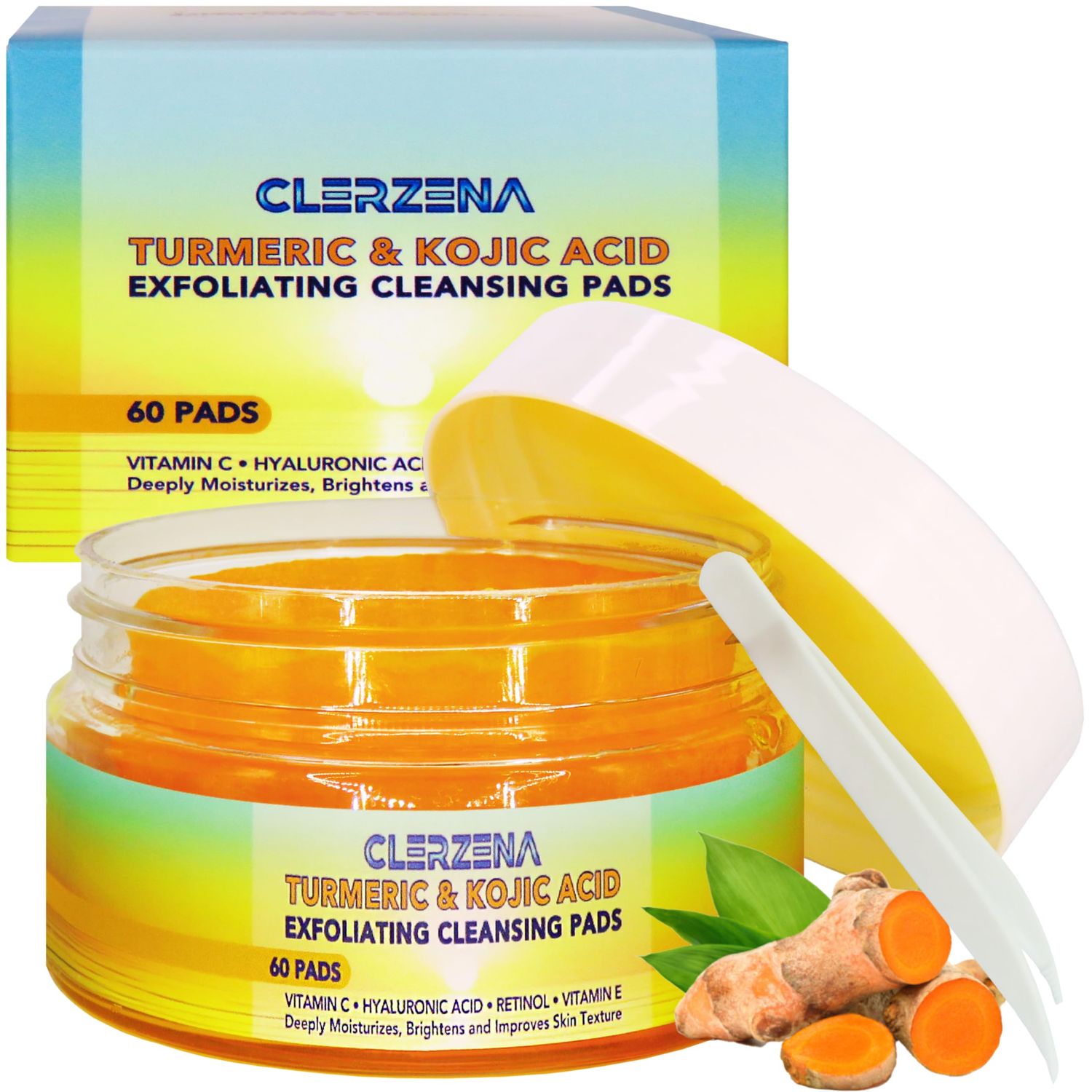 Turmeric Kojic Acid Cleansing Pads Vitamin C &amp; E, Retinol, Hyaluronic Acid and Turmeric Face Scrub 60 Kojic Acid and Turmeric Cleansing Pads