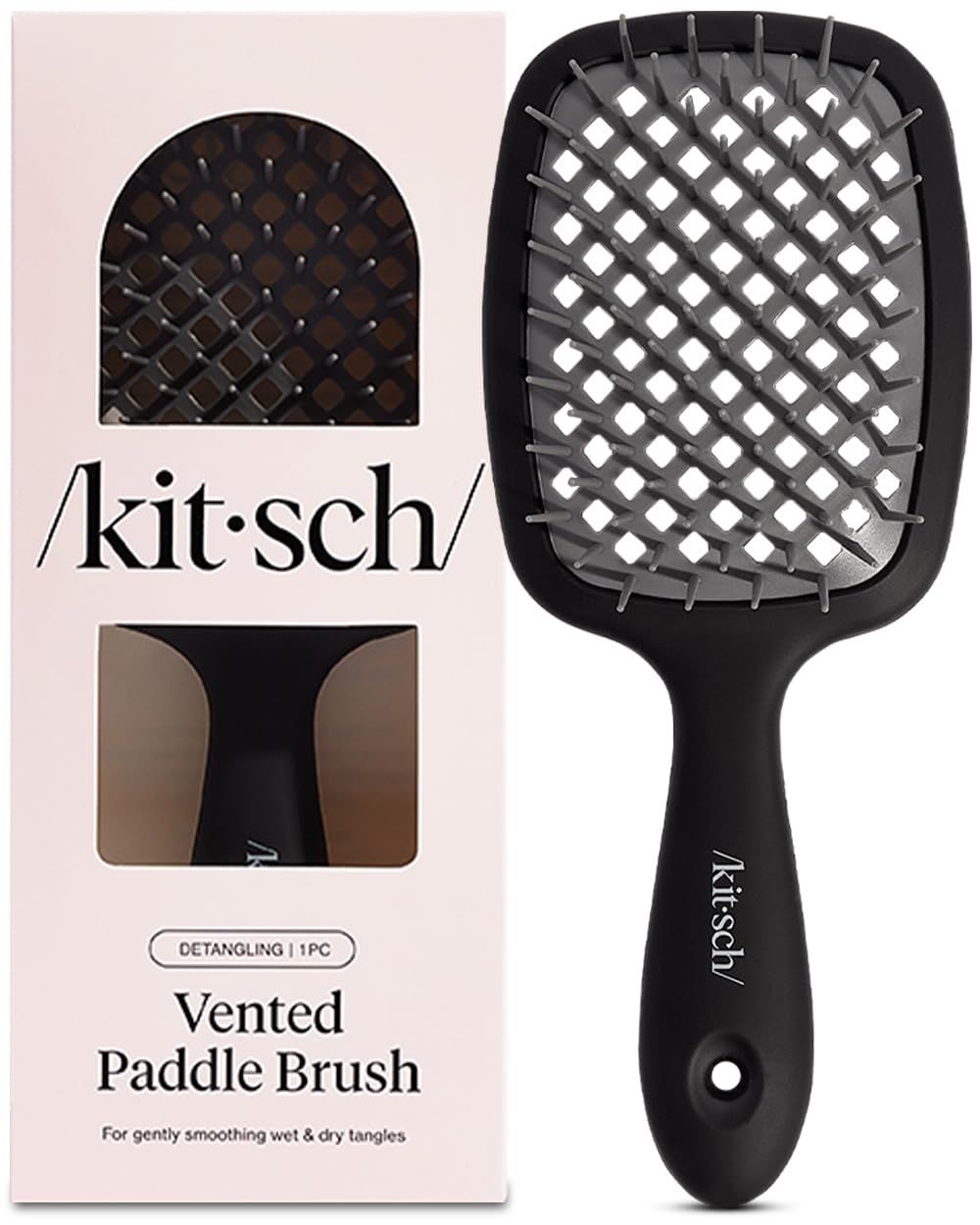 Kitsch Lightweight Vented Hair Brush Detangler for Women, Men &amp; Toddlers - All Hair Types Soft Bristle Hairbrush for Hair Care Easy-to-Hold Hair Dryer Brush Detangling &amp; Blow Drying - Black