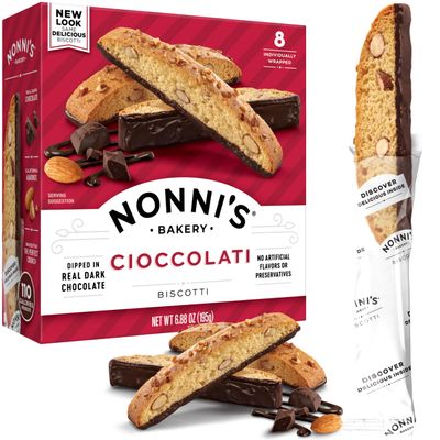 Nonni&#39;s Cioccolati Biscotti Italian Cookies - Italian Biscotti Cookies - Biscotti Individually Wrapped - Made w Premium California Almonds &amp; Dark Chocolate - Kosher - 6.88 oz, 8 Biscotti