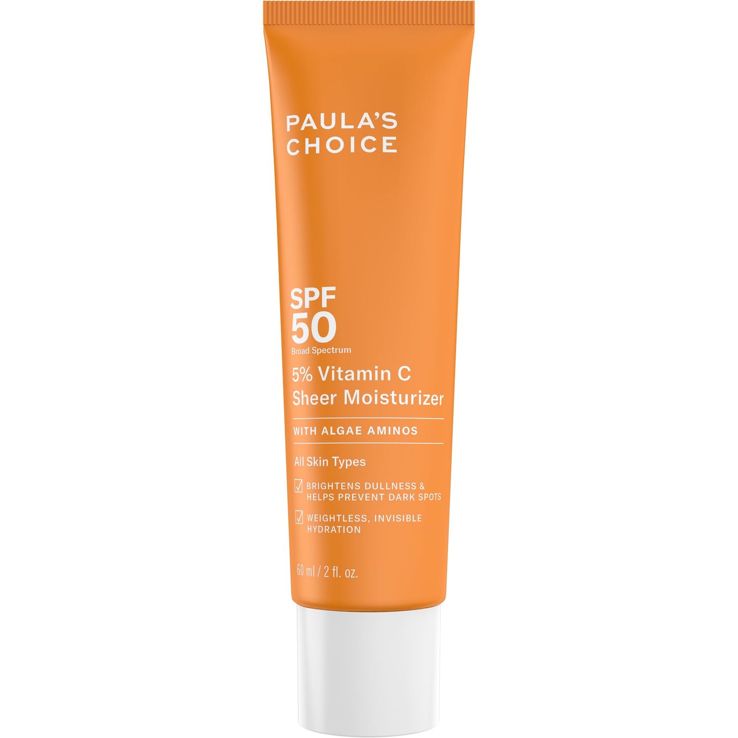 Paulas Choice 5 Vitamin C Sheer Moisturizer SPF 50, Lightweight Invisible Broad-Spectrum Sunscreen, Brightens Dullness, Prevents Dark Spots, For All Skin Types Including Blemish-Prone, 2 Fl Oz.