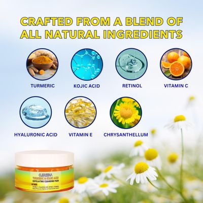 Turmeric Kojic Acid Cleansing Pads Vitamin C &amp; E, Retinol, Hyaluronic Acid and Turmeric Face Scrub 60 Kojic Acid and Turmeric Cleansing Pads