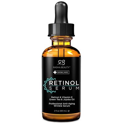Radha Beauty Premium 2oz Retinol Serum with Hyaluronic Acid, Vitamin E, Jojoba, &amp; Green Tea - Anti-Aging Skin Care Solution for Smoother, Firmer Skin - Brightening, Hydrating Formula