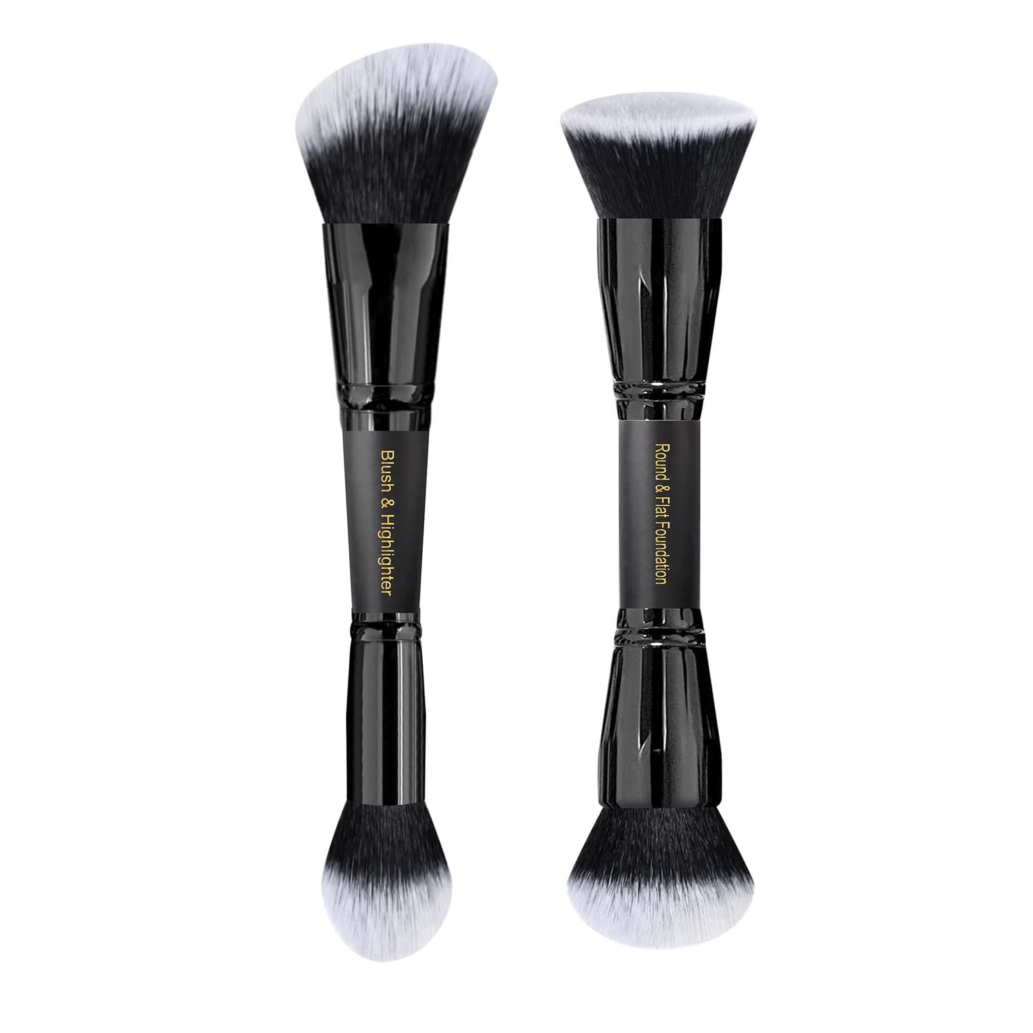 LORYP Black Makeup Brushes 2Pcs Duo End Foundation Powder Brush Set, Blush &amp; Highlighter Brush and Round &amp; Flat Foundation Brush