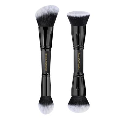 LORYP Black Makeup Brushes 2Pcs Duo End Foundation Powder Brush Set, Blush &amp; Highlighter Brush and Round &amp; Flat Foundation Brush