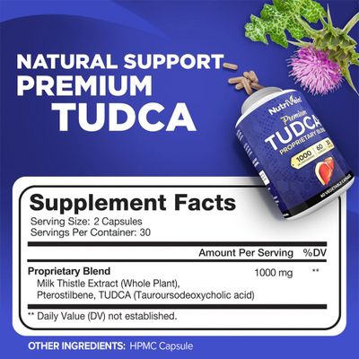 Nutrivein Premium TUDCA Liver Support Supplement 1000mg - 30 Day Supply 60 Caps: TUDCA Supplement Bile Salts for Liver Wellness