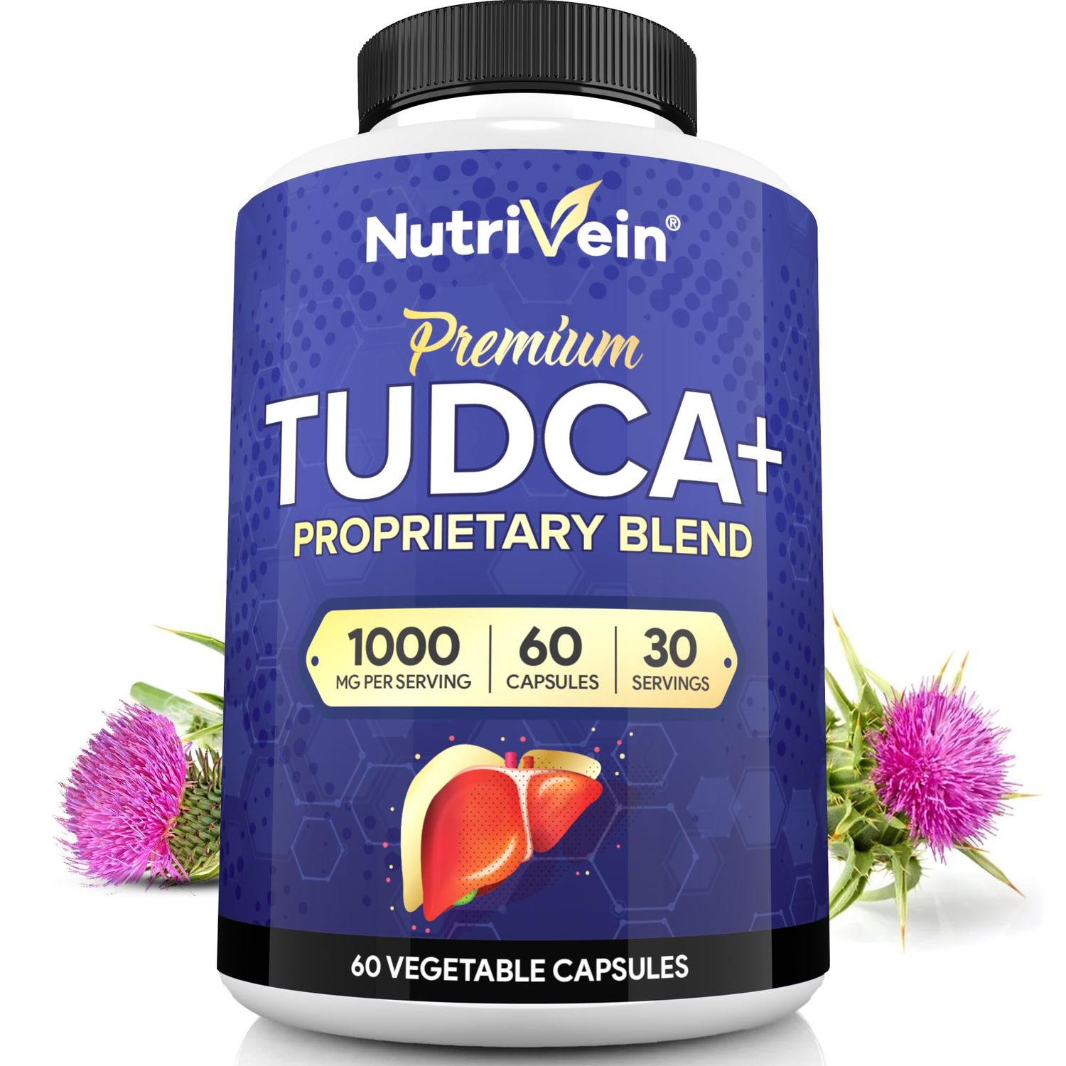 Nutrivein Premium TUDCA Liver Support Supplement 1000mg - 30 Day Supply 60 Caps: TUDCA Supplement Bile Salts for Liver Wellness