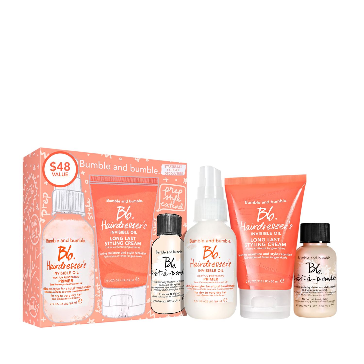 Bumble and bumble. Prep, Style, Extend Starter Set Hairdresser&#39;s Invisible Oil Primer, Hairdresser&#39;s Invisible Oil Long Lasting Styling Cream Pret-a-powder Dry Shampoo