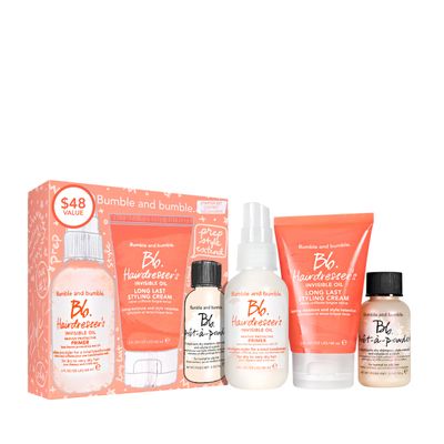 Bumble and bumble. Prep, Style, Extend Starter Set Hairdresser&#39;s Invisible Oil Primer, Hairdresser&#39;s Invisible Oil Long Lasting Styling Cream Pret-a-powder Dry Shampoo