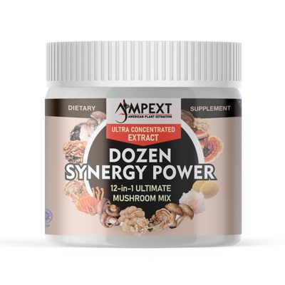 AMPEXT 12-in-1 Dozen Synergy Power: Premium Complex of 12 Carefully Selected Fruiting Body Mushroom Extracts, Supporting Immunity, Cognitive &amp; Cardiovascular Functions