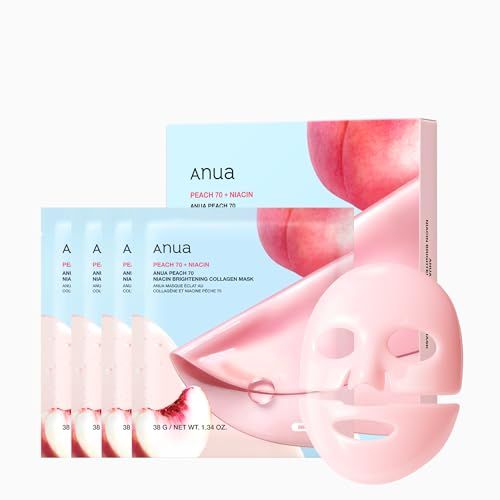 ANUA Peach 70 Niacin Brightening Collagen Mask, Overnight Face Mask for Glass Skin, Niacinamide, Collagen Facial Mask, Glow up with Hydration, Natural Color, Korean Skin Care 38g, 4ea