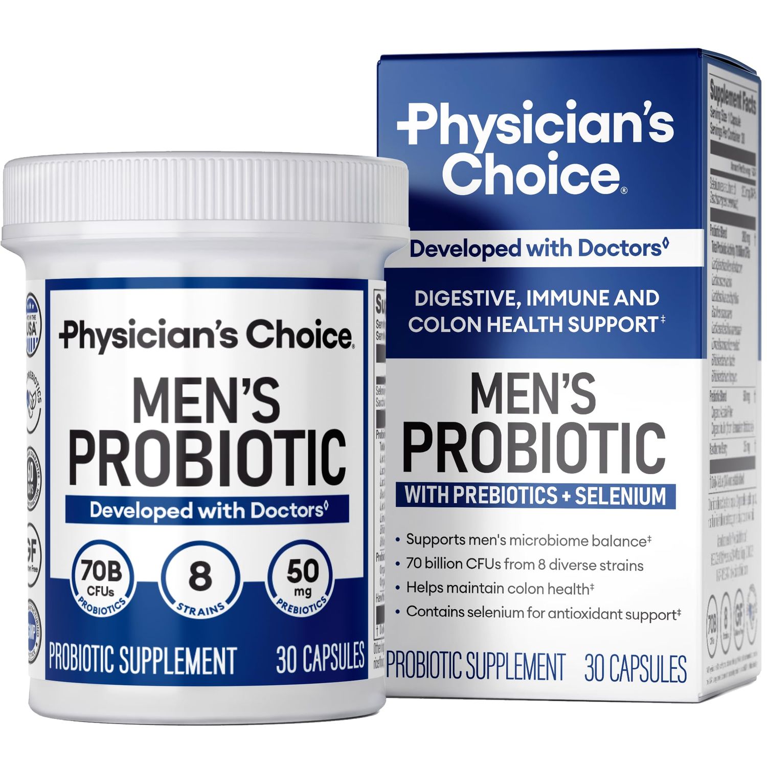 Physician&#39;s Choice Probiotics for Men - 70 Billion CFU - 8 Strains - wSelenium &amp; Organic Prebiotics - Supports Digestive Health, Microbiome, Colon, &amp; Immune Health - Advanced Men&#39;s Probiotic - 30ct