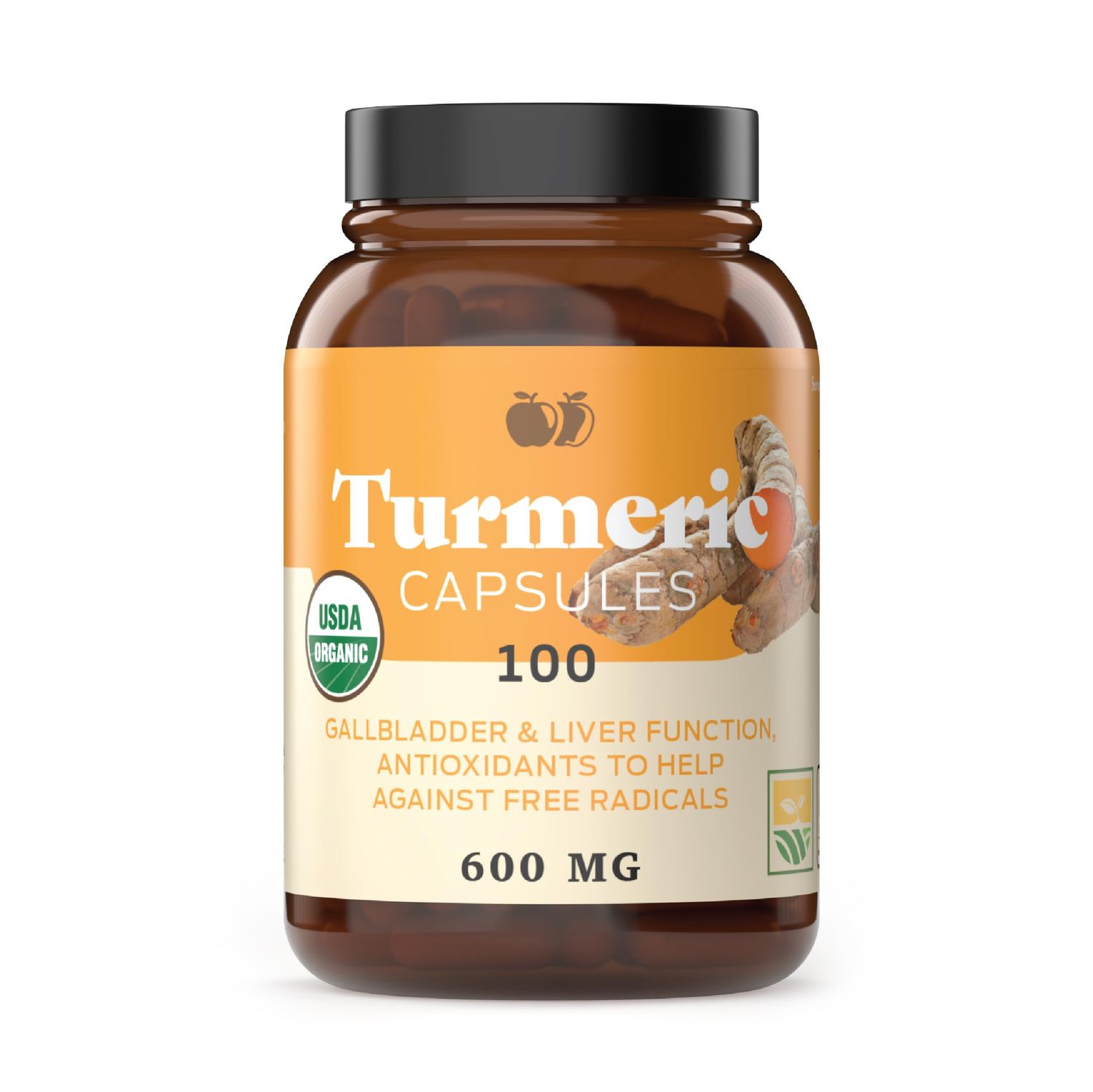 Organic Turmeric Capsules - Raw &amp; Pure Curcumin Root Powder Supplement, 100 Capsules 600mg, Gallbladder, Liver, and Support