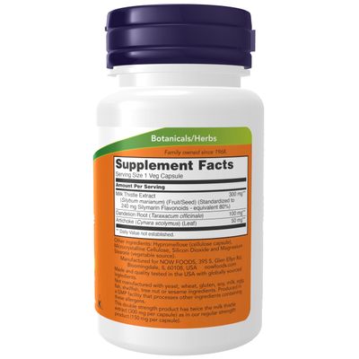 NOW Foods Supplements, Silymarin Milk Thistle Extract 300 mg with Artichoke and Dandelion, Double Strength, Supports Liver Function, 50 Veg Capsules