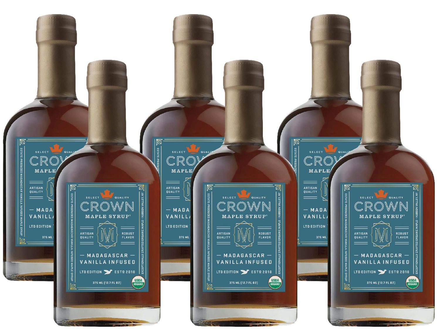 Crown Maple Madagascar Vanilla Infused Organic Maple Syrup, 12.7 Fl Oz, Pack of 6, Real Vanilla Bean, Pancakes, Baking, Cocktails &amp; Brunch