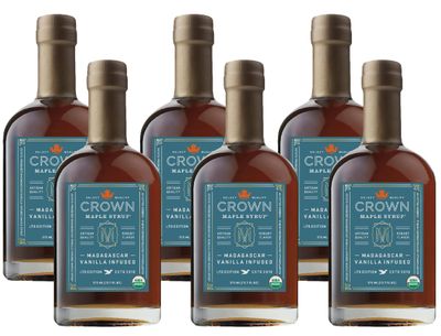 Crown Maple Madagascar Vanilla Infused Organic Maple Syrup, 12.7 Fl Oz, Pack of 6, Real Vanilla Bean, Pancakes, Baking, Cocktails &amp; Brunch