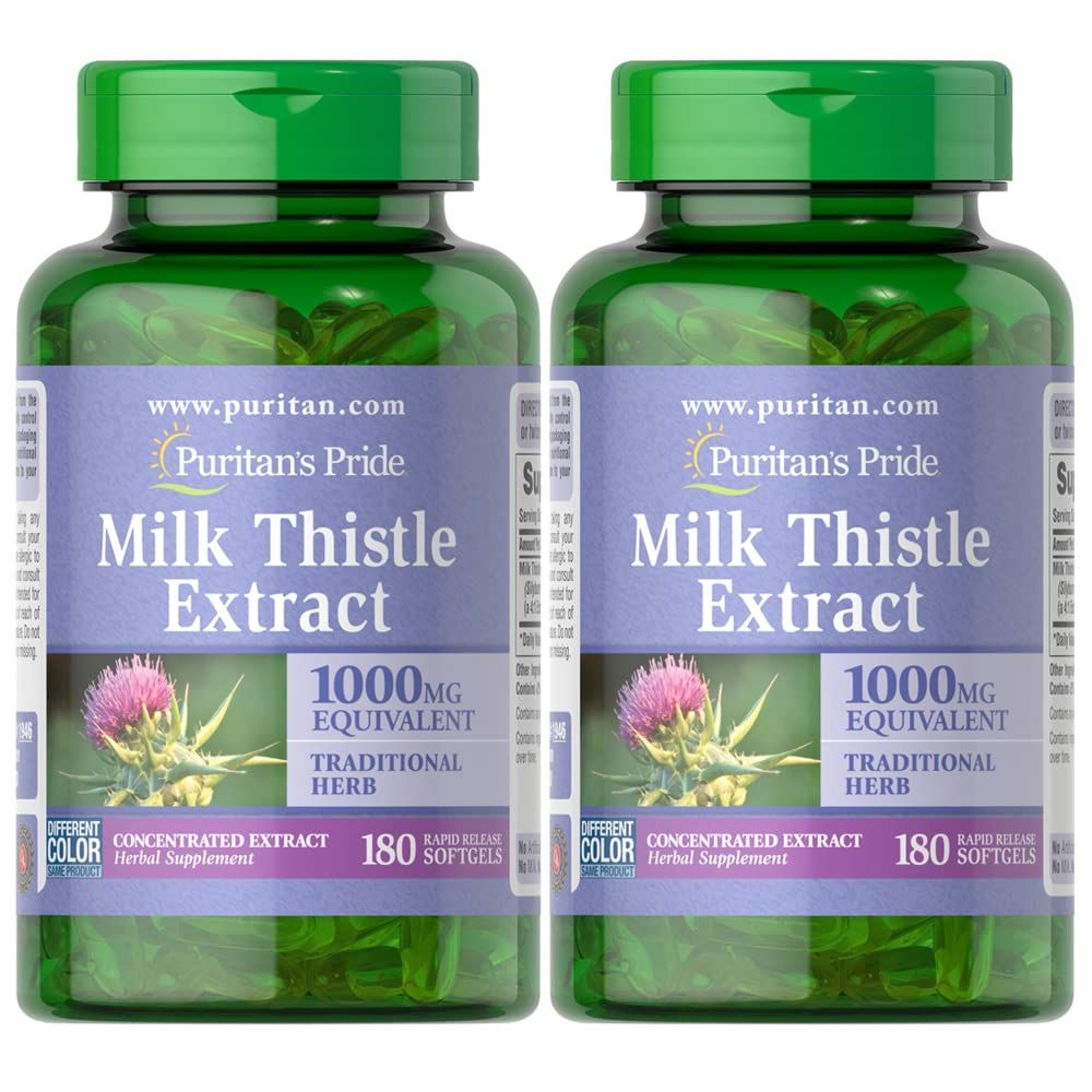 Puritan&#39;s Pride Milk Thistle Silymarin 4:1 Concentration Extract 200mg 1000 Mg Equivalent Dietary Supplement for Liver Support, 6 Month Supply, 180 Count 2-Pack