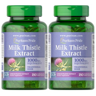 Puritan&#39;s Pride Milk Thistle Silymarin 4:1 Concentration Extract 200mg 1000 Mg Equivalent Dietary Supplement for Liver Support, 6 Month Supply, 180 Count 2-Pack