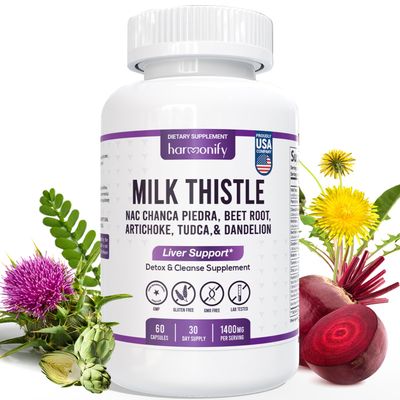 HARMONIFY Milk Thistle Berberine Turmeric with Chanca Piedra, Detox &amp; Cleanse &amp; Repair Supplement, NAC, Beet Root, Artichoke, Dandelion Root, TUDCA Choline and Ginger, 30 Days Supply