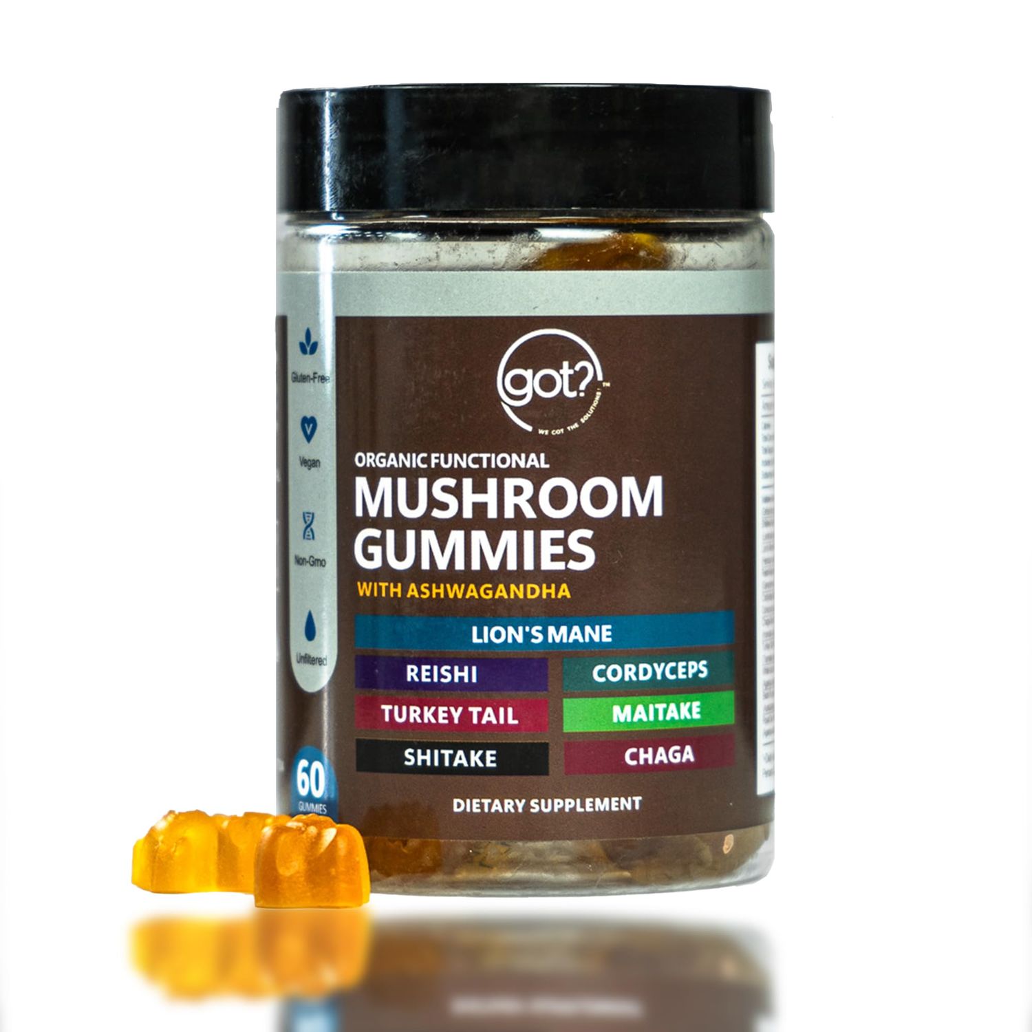Mushroom Gummies Daily Supplement with Ashwagandha - Lions Mane, Turkey Tail, Reishi, Cordyceps, Chaga - Mega 10 Blend Nootropic Organic Mushrooms - Energy, Focus, Memory, and Immune Support - 60ct