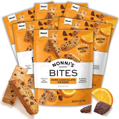 Nonnis Biscotti Style Bite Sized Twice Baked Crispy Cookie Bites - Kosher - 4.8oz, Dark Chocolate Orange Biscottini Pack of 6