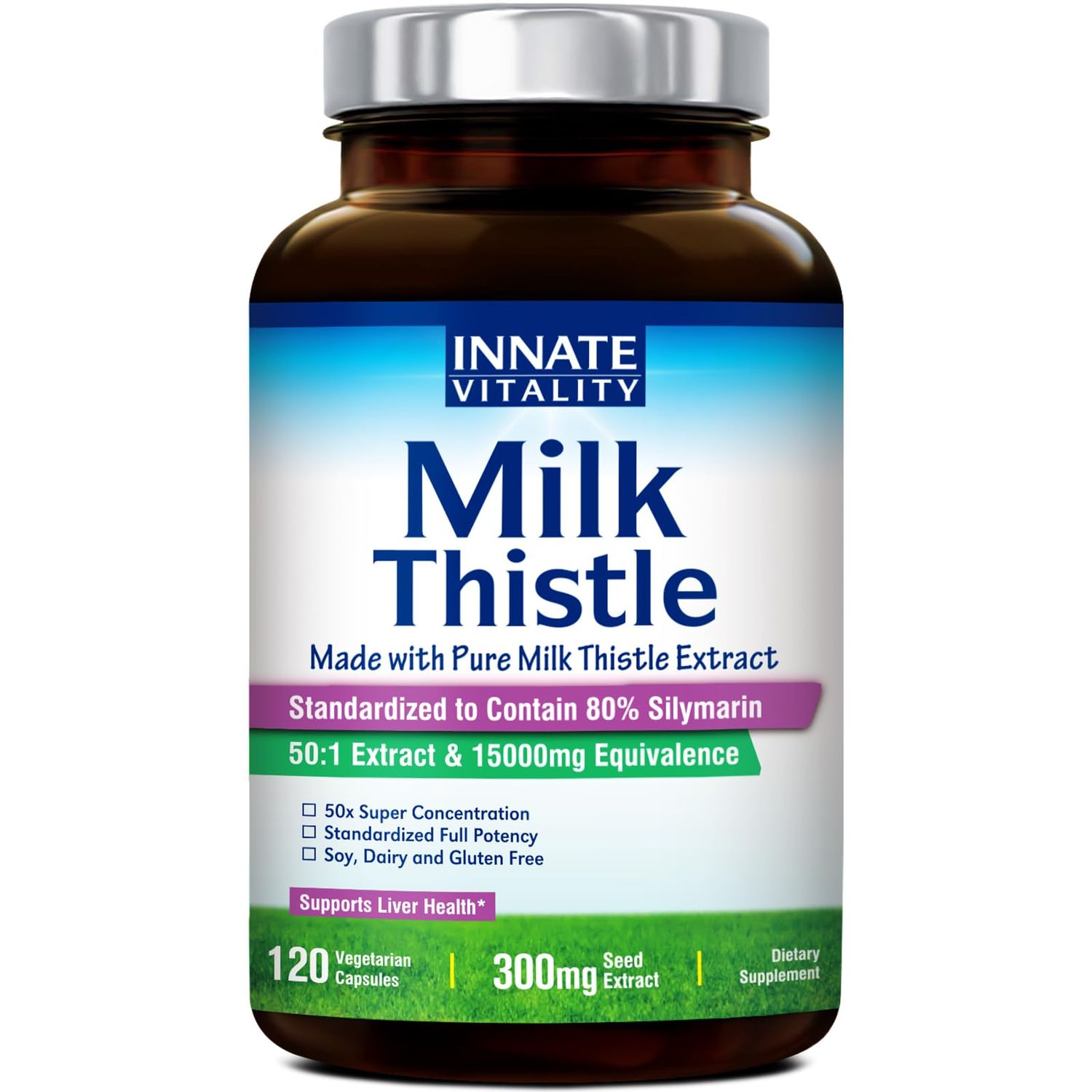 Innate Vitality 50:1 Organic Milk Thistle Supplement, 15000mg Equivalent 300mg Extract, 80 Silymarin Flavonoids, Liver Health, Detox &amp; Cleansing, Made in USA, Non-GMO, 120 Veggie Capsules