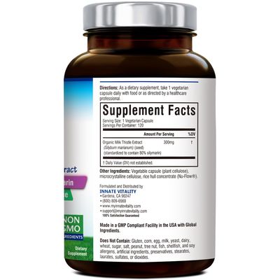 Innate Vitality 50:1 Organic Milk Thistle Supplement, 15000mg Equivalent 300mg Extract, 80 Silymarin Flavonoids, Liver Health, Detox &amp; Cleansing, Made in USA, Non-GMO, 120 Veggie Capsules