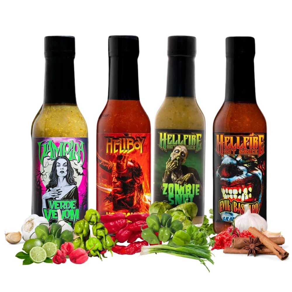 Hellfire Hot Sauce Gift Pack - Gourmet Hot Sauce Variety Pack With 4 Scary Flavors for Parties or Gifts Four 5 oz. Bottles