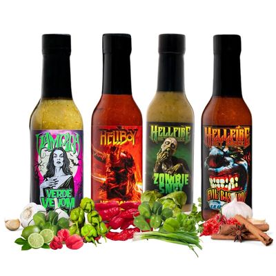 Hellfire Hot Sauce Gift Pack - Gourmet Hot Sauce Variety Pack With 4 Scary Flavors for Parties or Gifts Four 5 oz. Bottles