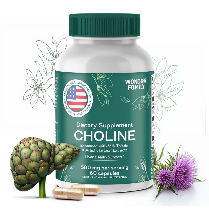 Choline Bitartrate 500MG - Premium Choline Supplements - Liver Support Supplement &amp; Gallbladder Supplements - Colina Suplemento 500 mg Organica - Brain Vitamin for Memory and Focus - 60 Choline Caps