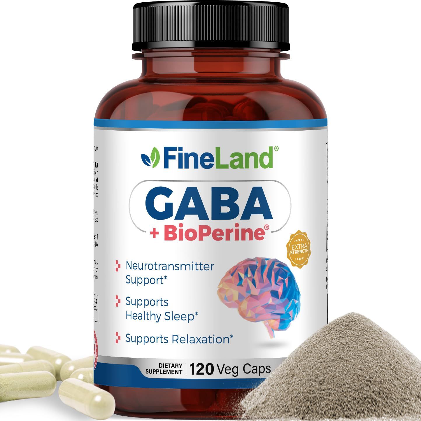 FineLand GABA Bioperine High Absorption Max Strength Premium, 1,500mg Per Serving, Brain Focus, Concentration, Calm, Relaxation, Neurotransmitter, Gamma Aminobutyric Acid, 120 Pills, Vegan