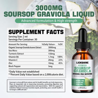 1 Packs 3000MG Soursop Graviola Liquid Drop for cell Support &amp;Regeneration, lmmune, Gut, Antioxidant, Mood, Relax, Liver and Sleep Zzz - Soursop Graviola Leaf Extract, Sea Moss, Turmeric - 2Fl Oz