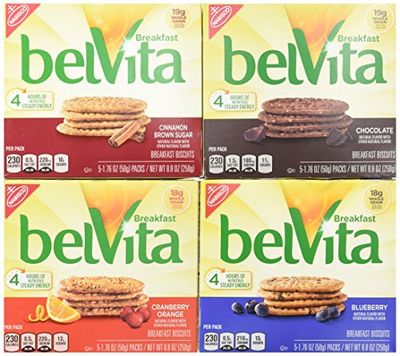 BelVita Breakfast Biscuits Variety Pack - Blueberry, Chocolate, Cinnamon Brown Sugar &amp; Cranberry Orange 1 8.8 oz. Box of Each Flavor Bundle of 4