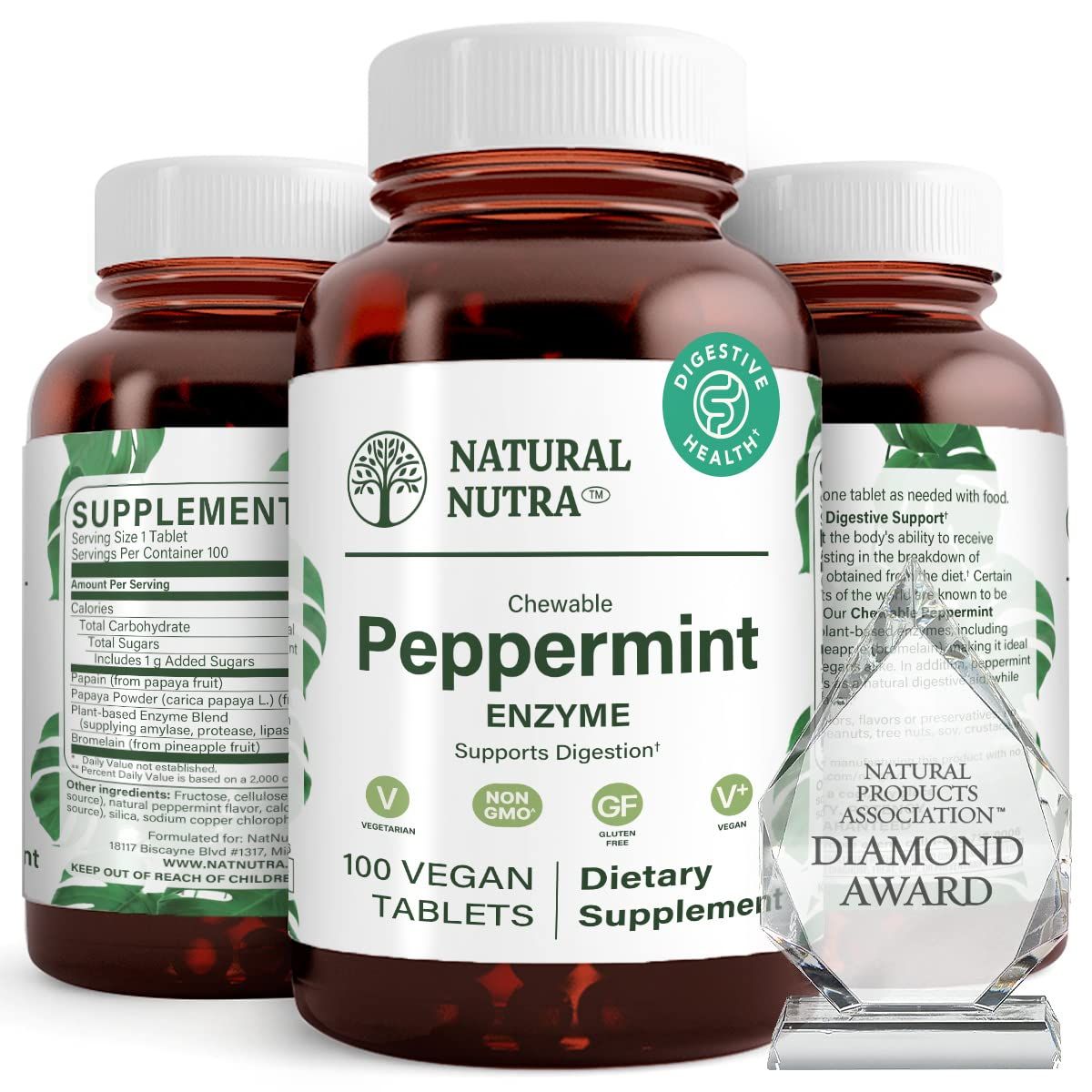 Natural Nutra Chewable Peppermint Digestive Enzyme Supplement, Help to Relieve Gas, Indigestion, and Other Digestive discomforts, Stomach Calmness, Papaya Papain, Vegan and Vegetarian, 100 Tablets