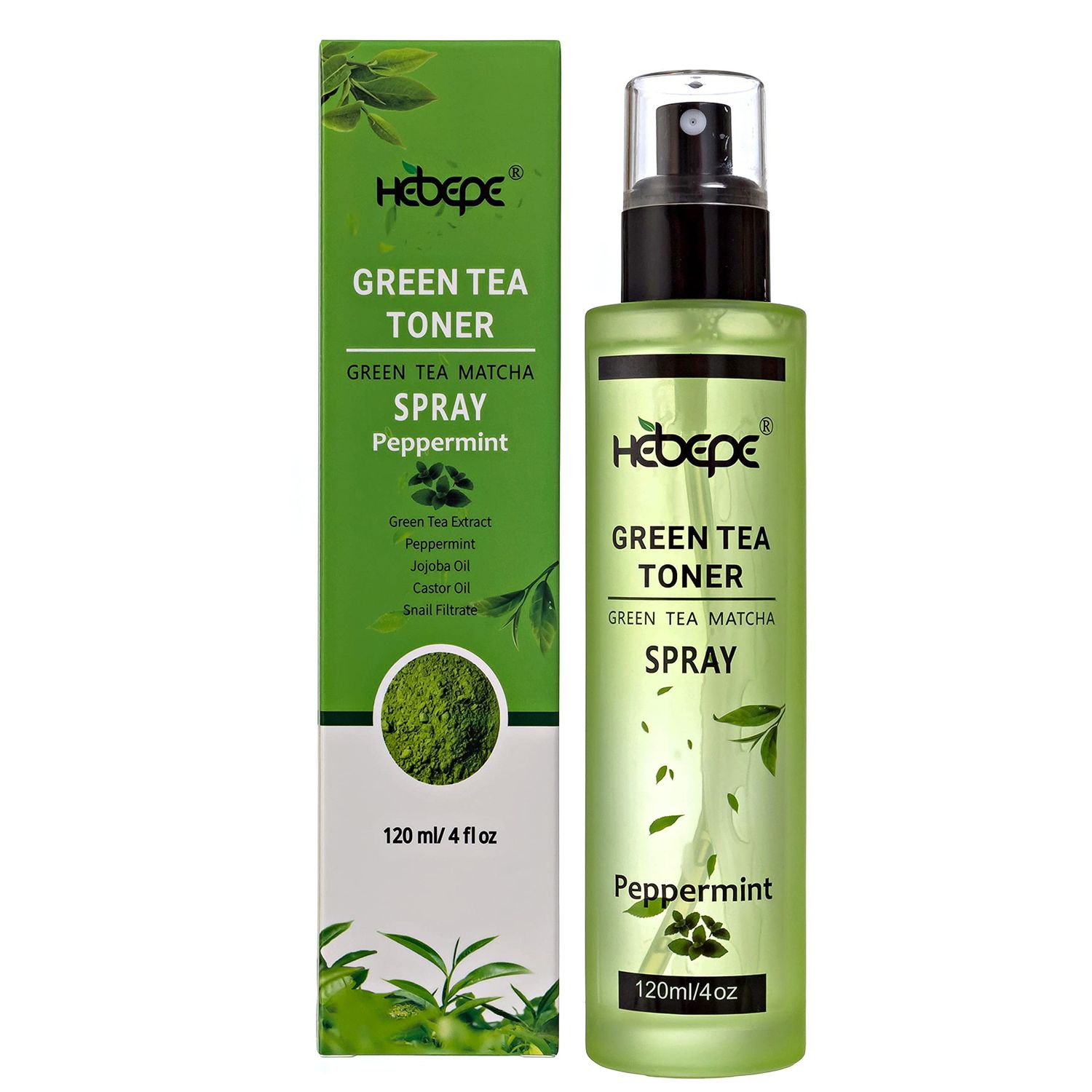 Hebepe Green Tea Matcha Facial Toner Mist with Peppermint, Refreshing, Moisturizing, and Soothing Face Toner, with Jojoba Oil, Castor Oil, Snail Filtrate,120ml