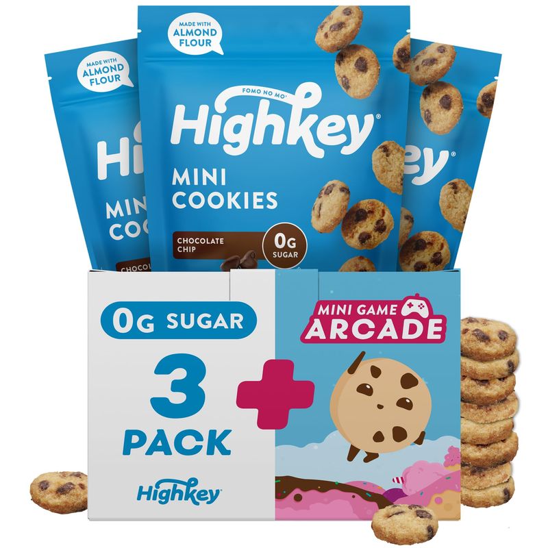 HighKey Keto Chocolate Chip Mini Cookies - Gluten Free Sugar Free Cookies Keto Snack Low Carb Snacks Healthy Protein Diabetic Dessert Food Low Sugar Treat Diet Friendly Sweets 3 Pack Arcade