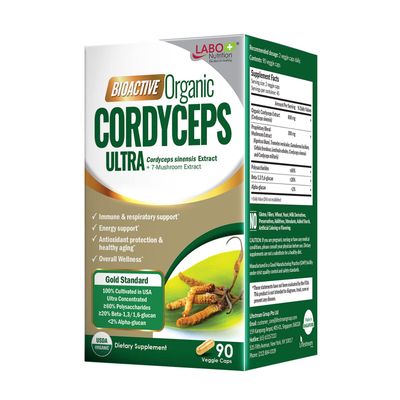 LABO Nutrition Bioactive Organic Cordyceps Ultra - 8 Mushroom Extract Supplement, Cordyceps, Reishi, Turkey Tail, Maitake, Agaricus blazei, Shiitake, for Immunity, Energy, Stamina, No Fillers